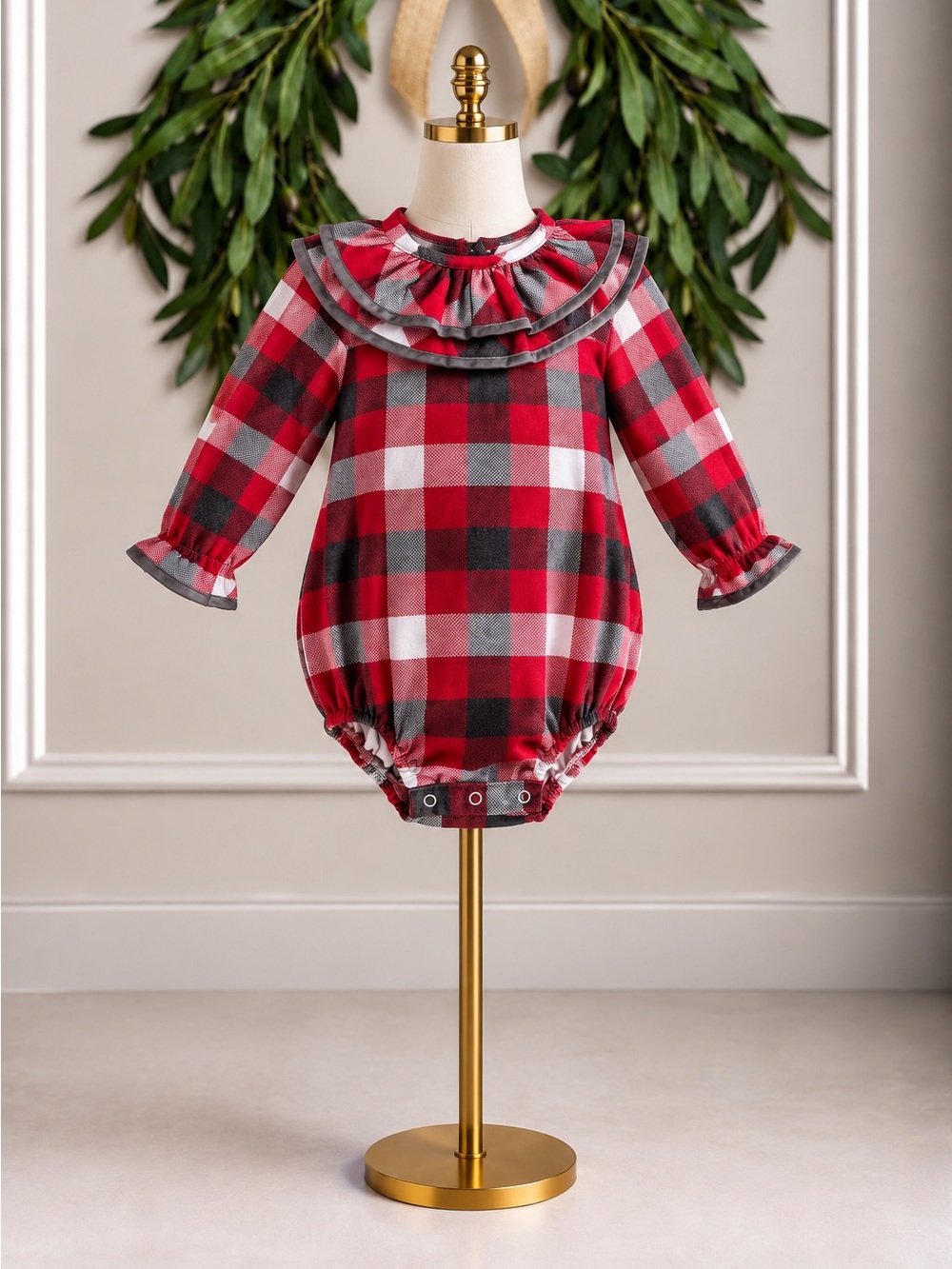 The Oaks Apparel NWT Red Gray White Check Bubble Romper